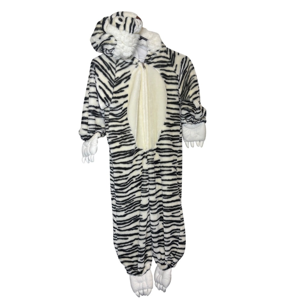 White Tiger Costume Kids Size 6-7 Large Tag Plush Hooded Jungle Animal Halloween